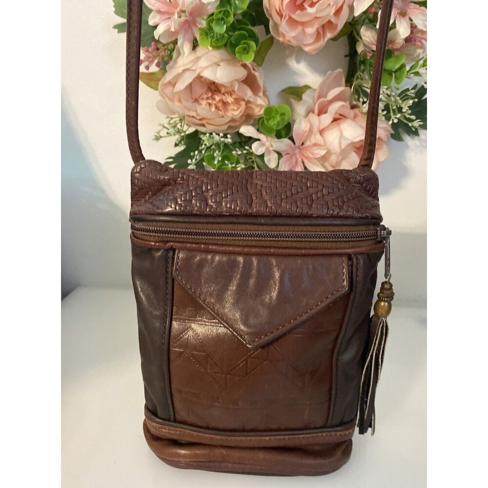 Vintage Brown Tooled Leather Cross Body Purse Handbag Shoulder Bag Tassel 9"x6" - Picture 6 of 16